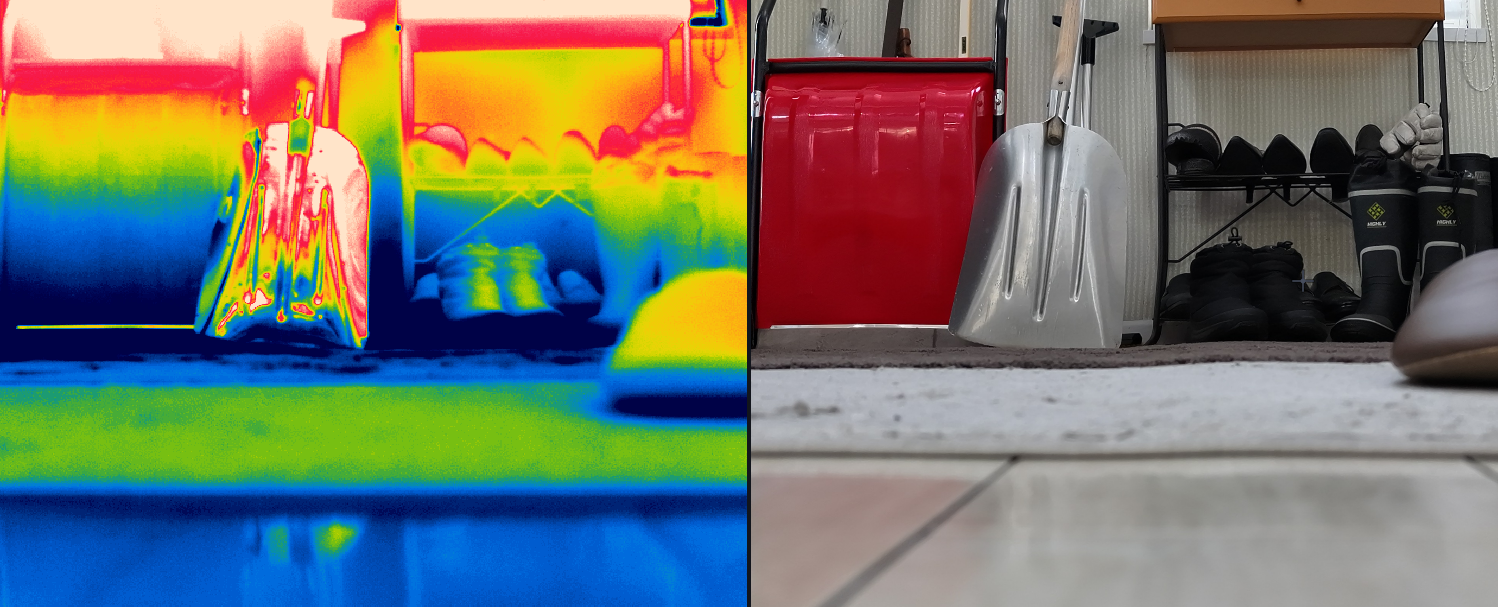The two data streams inside a single M4T radiometric JPEG, side by side: on the left, the 640×512 thermal array rendered with a rainbow colormap; on the right, the visible-light image of the same scene. Both the temperature array and the visible preview live inside one .JPG file.