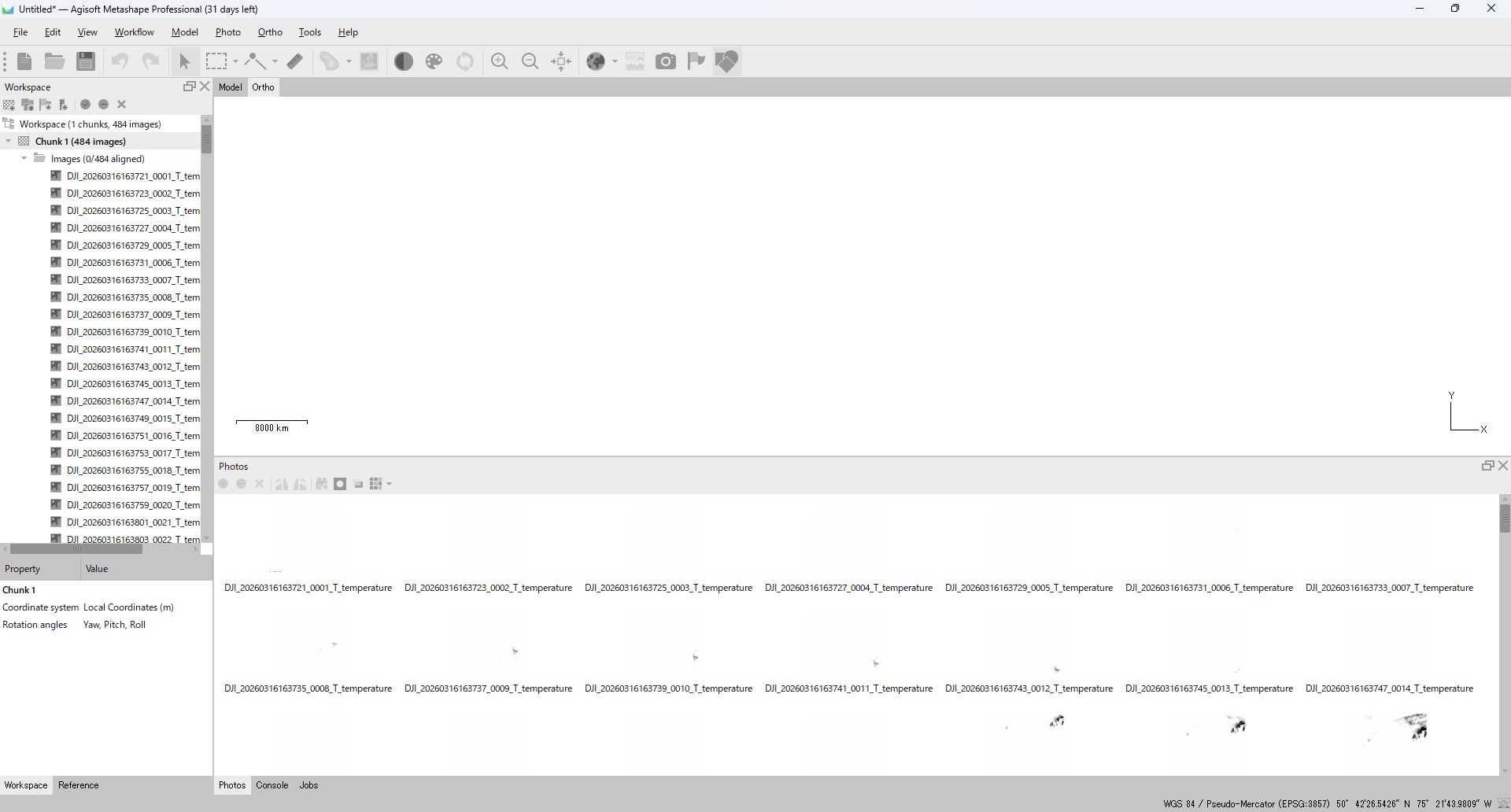 Metashape immediately after Add Folder. The Workspace shows the chunk with 484 thermal TIFFs loaded, and the Photos pane is populated with the TIFF list. The Reference pane is wired up automatically from EXIF GPS