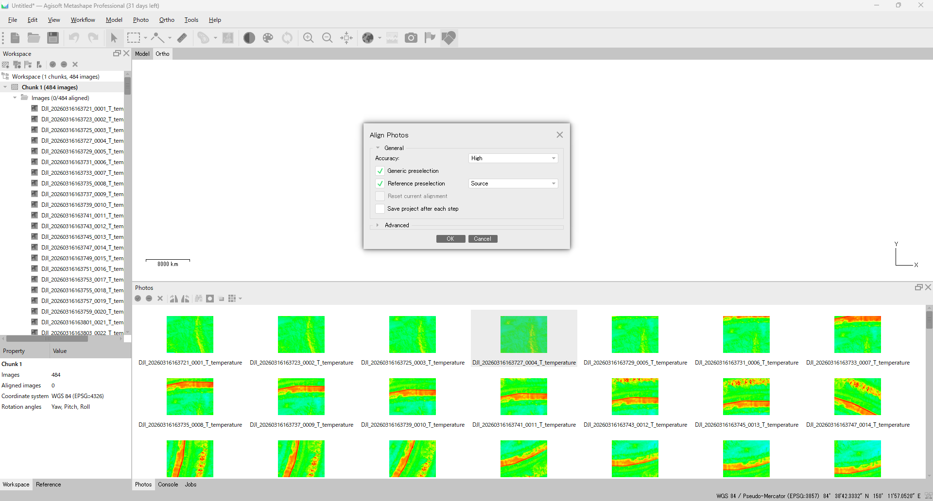 Metashape Align Photos dialog with Accuracy=High, Generic preselection on, Reference preselection=Source, and Adaptive camera model fitting on