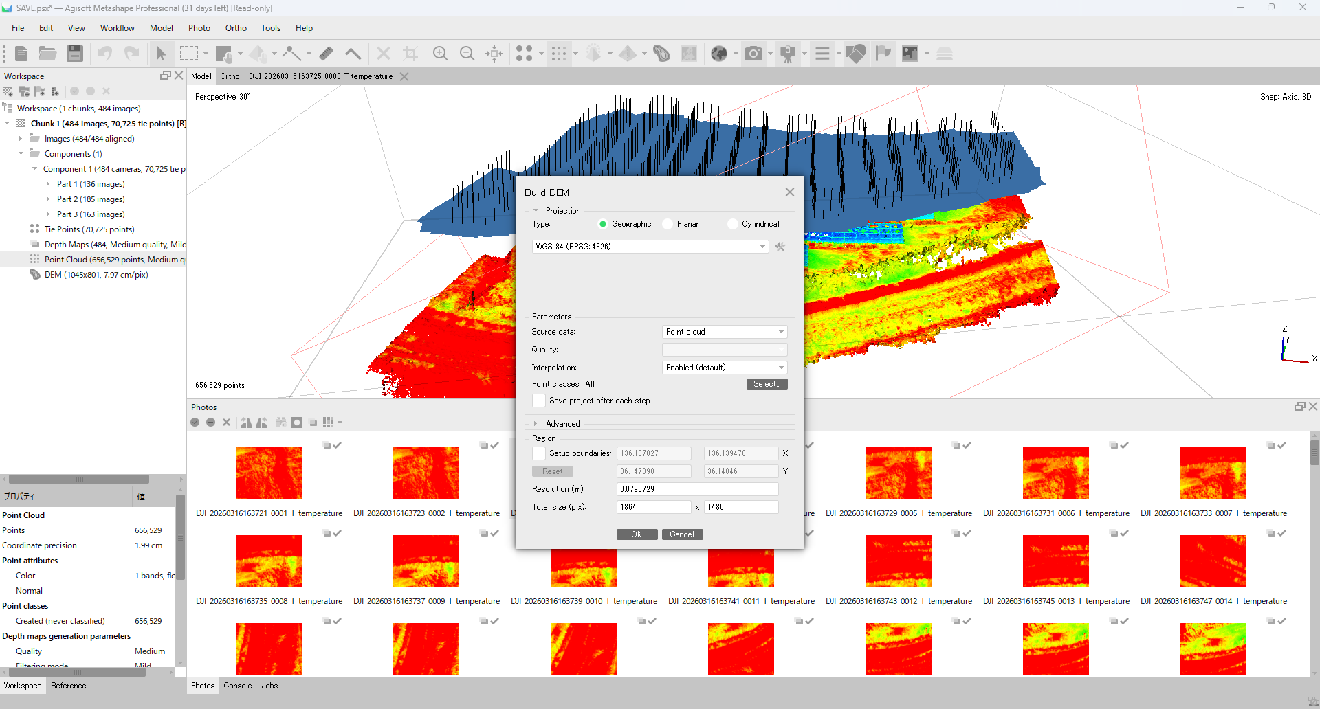 Metashape Build DEM dialog with Source data set to Depth Maps and Projection set to a projected coordinate system