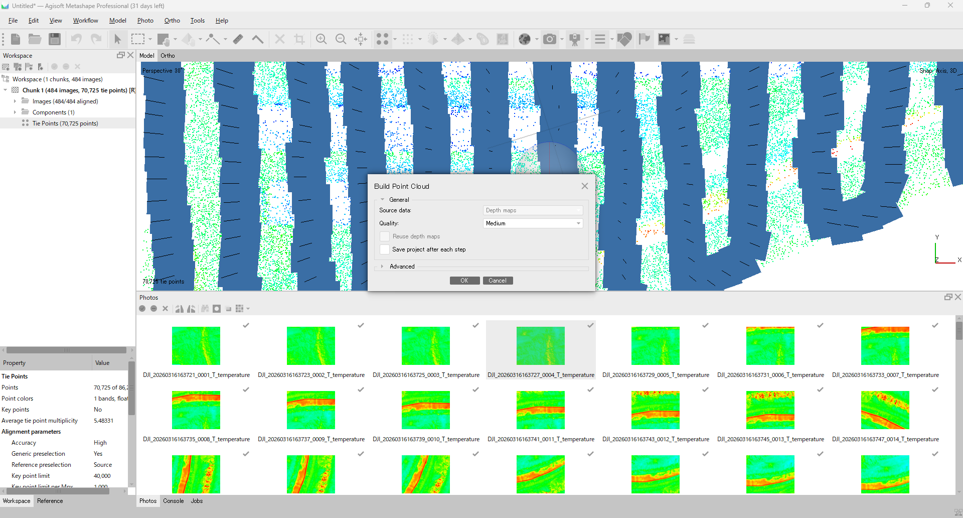 Metashape Build Point Cloud dialog with Source data=Depth maps, Quality=Medium, and Depth filtering=Mild