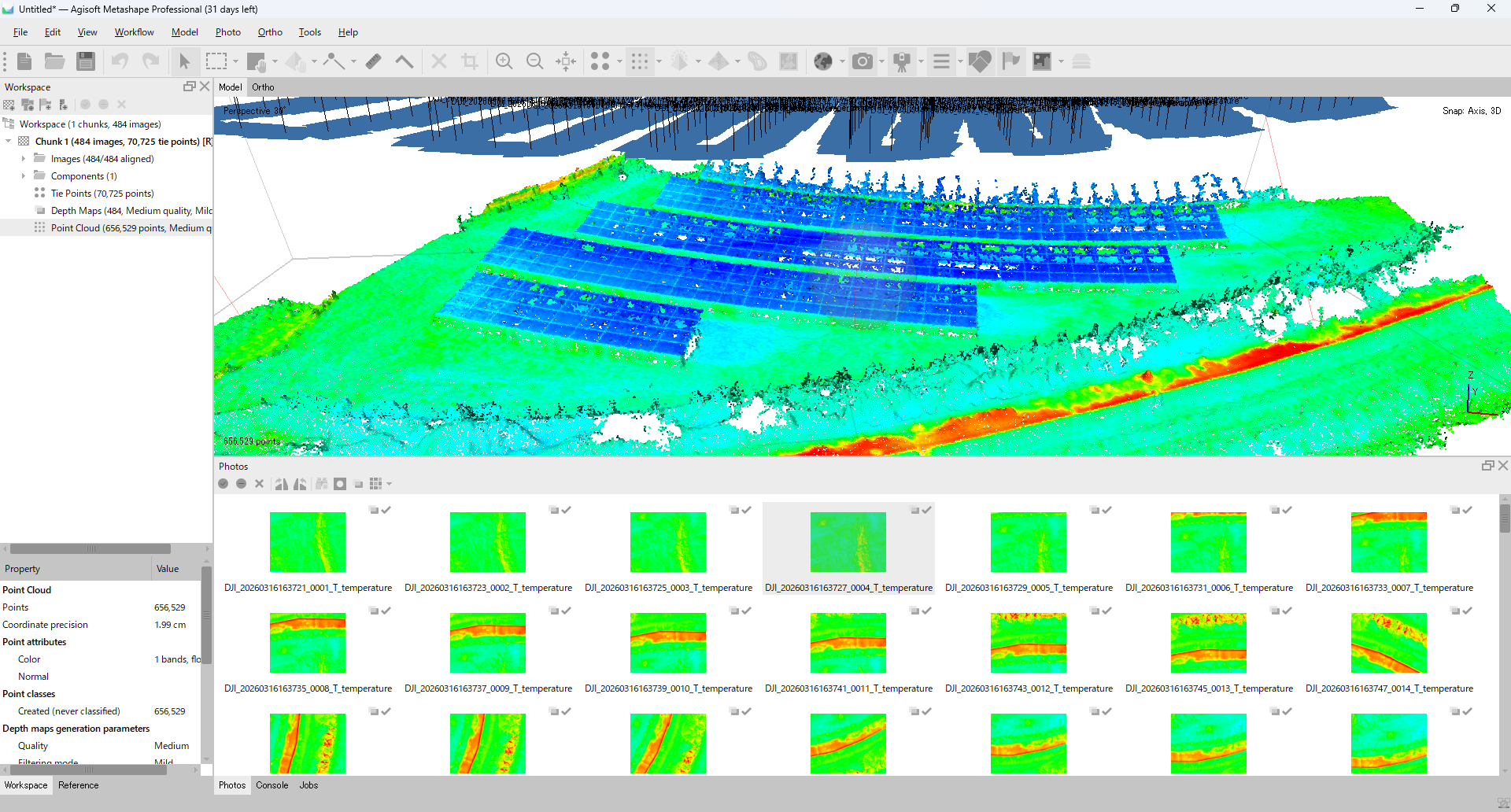 Dense point cloud generated from the thermal TIFFs, rendered in temperature color in Metashape's 3D view