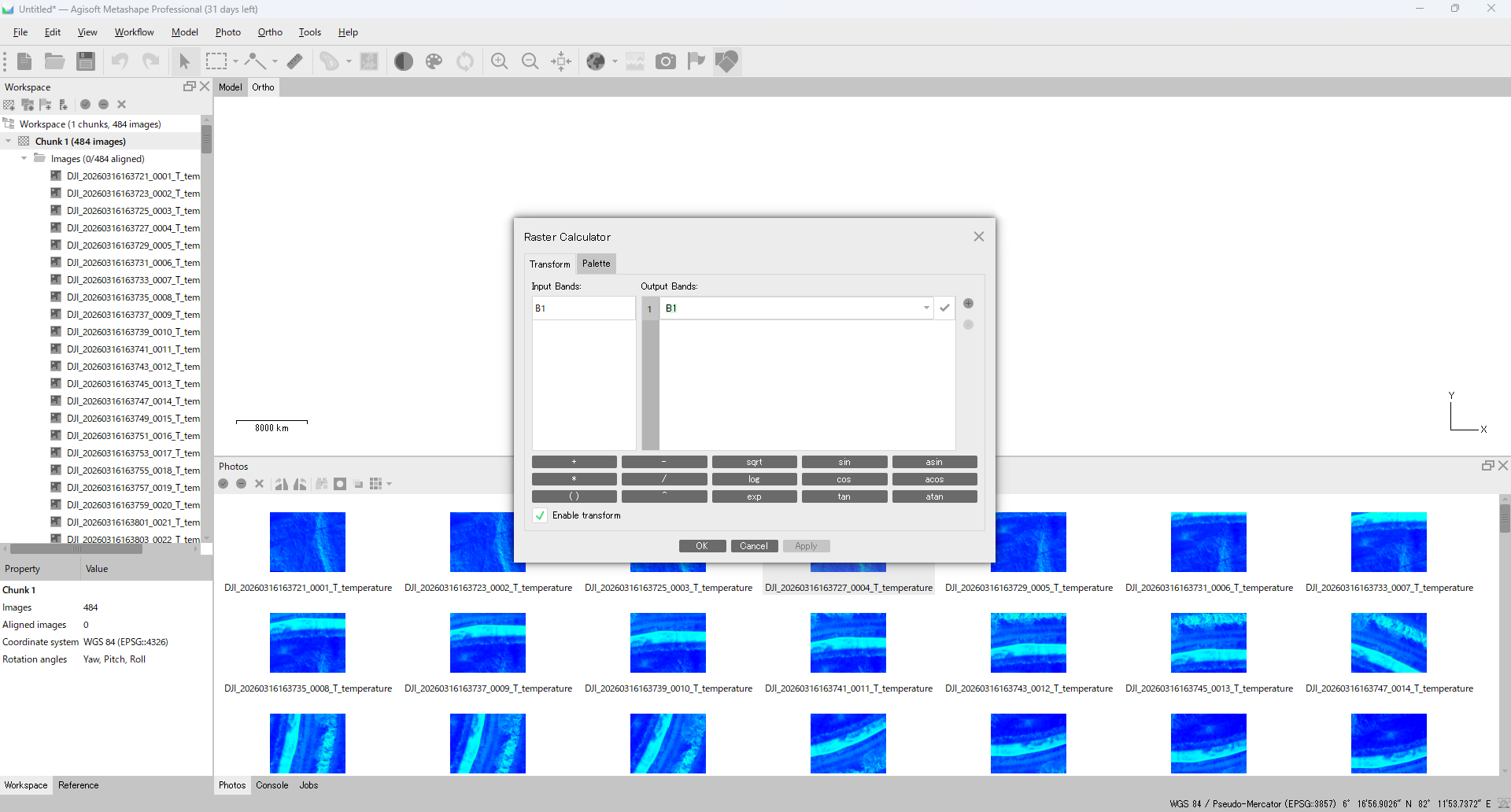 Metashape Raster Calculator (Set Raster Transform) with the identity formula B1 entered in the Formula field. With this set, pixel values in °C are passed through unchanged