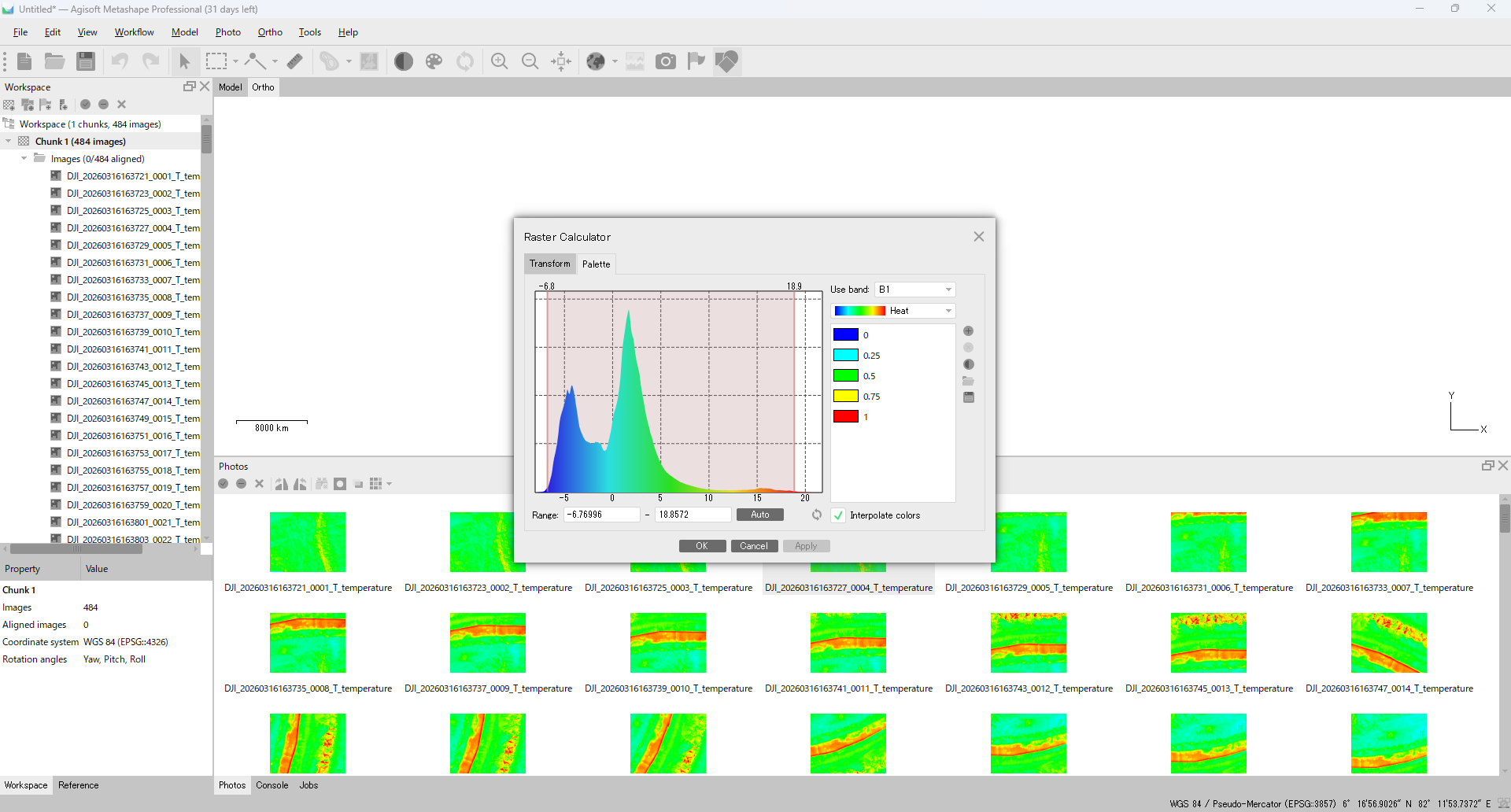 Metashape Raster Calculator with the Palette tab open, a red-tone temperature palette selected, and a single TIFF rendered as a temperature color map