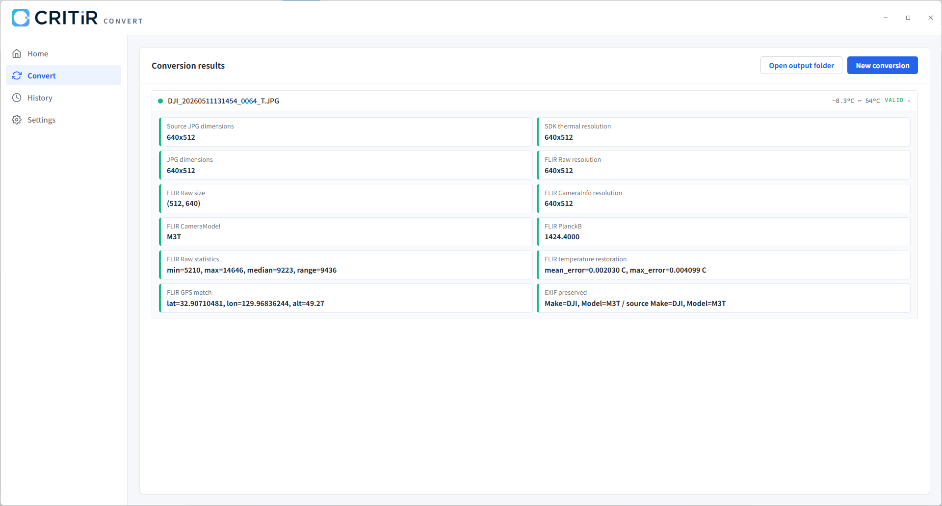 CRITIR Convert verification view comparing source and converted temperature values pixel-by-pixel