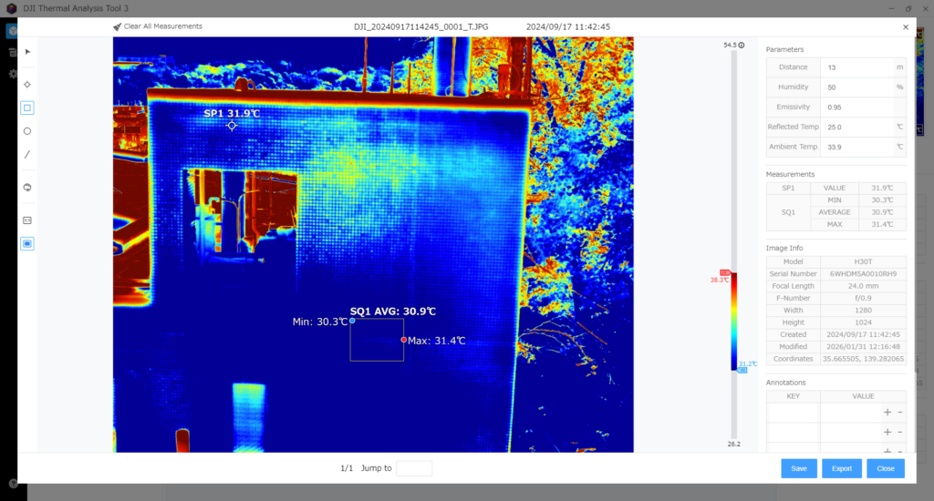 DJI Thermal Analysis Tool 3 showing temperature inspection on a thermal image