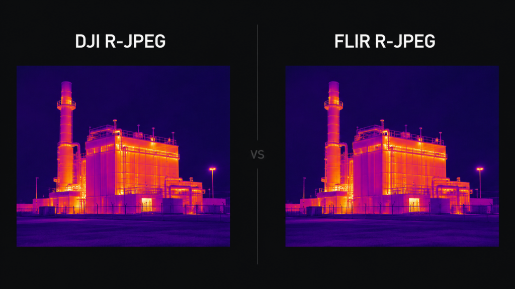 DJI R-JPEG and FLIR R-JPEG side by side, showing the difference in metadata structure