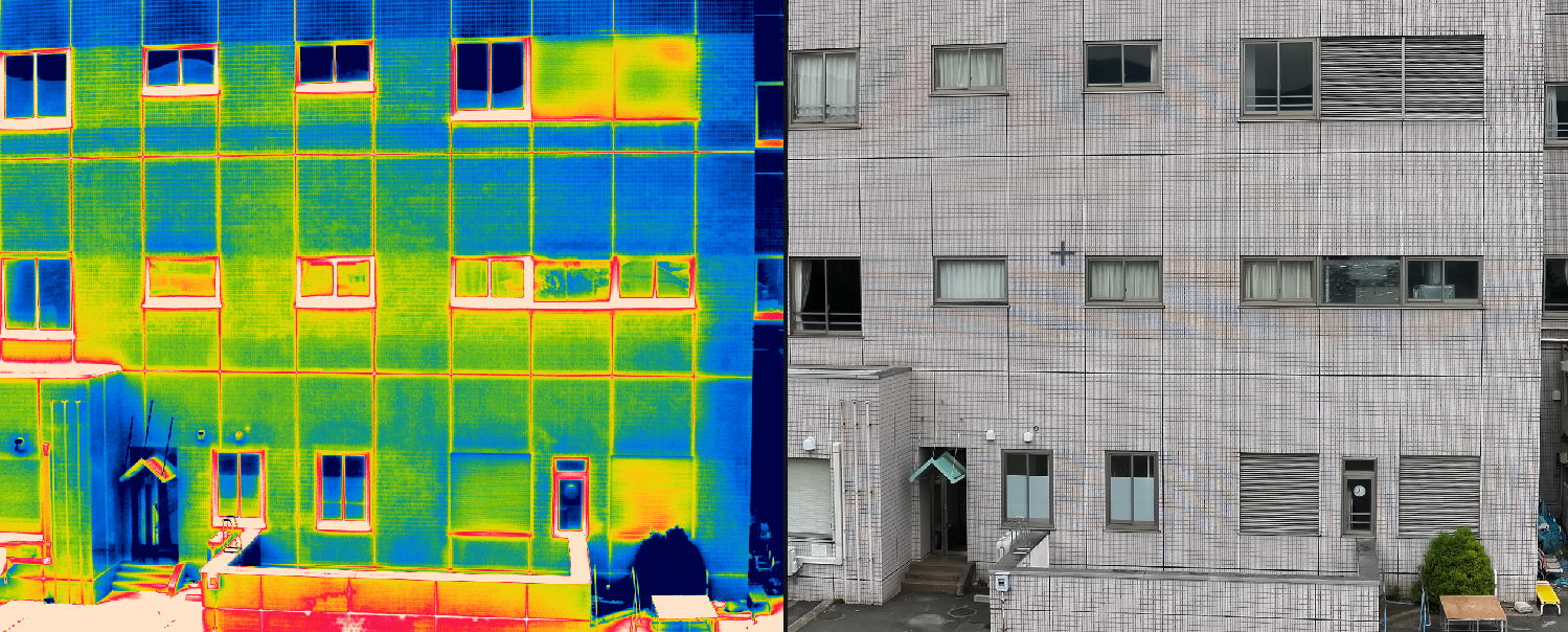 Two data streams inside a single H30T radiometric JPEG, side by side. Left: the thermal array rendered with a rainbow colormap on a tiled building facade, highlighting the cooler upper floors and warmer ground-floor band. Right: the paired visible-light wide-camera image of the same facade.