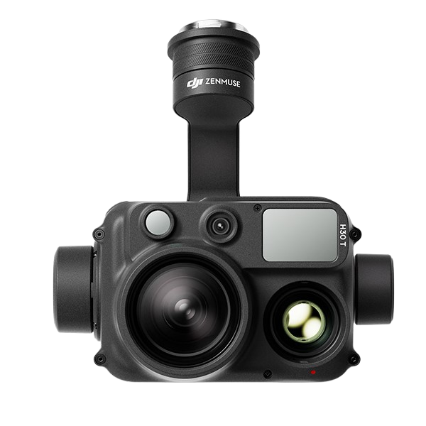 DJI Zenmuse H30T gimbal payload. The H30T head pairs a wide-angle visible camera, telephoto/zoom camera, thermal core, laser rangefinder, and NIR auxiliary light in a single hot-swappable mount for the Matrice 350 RTK.