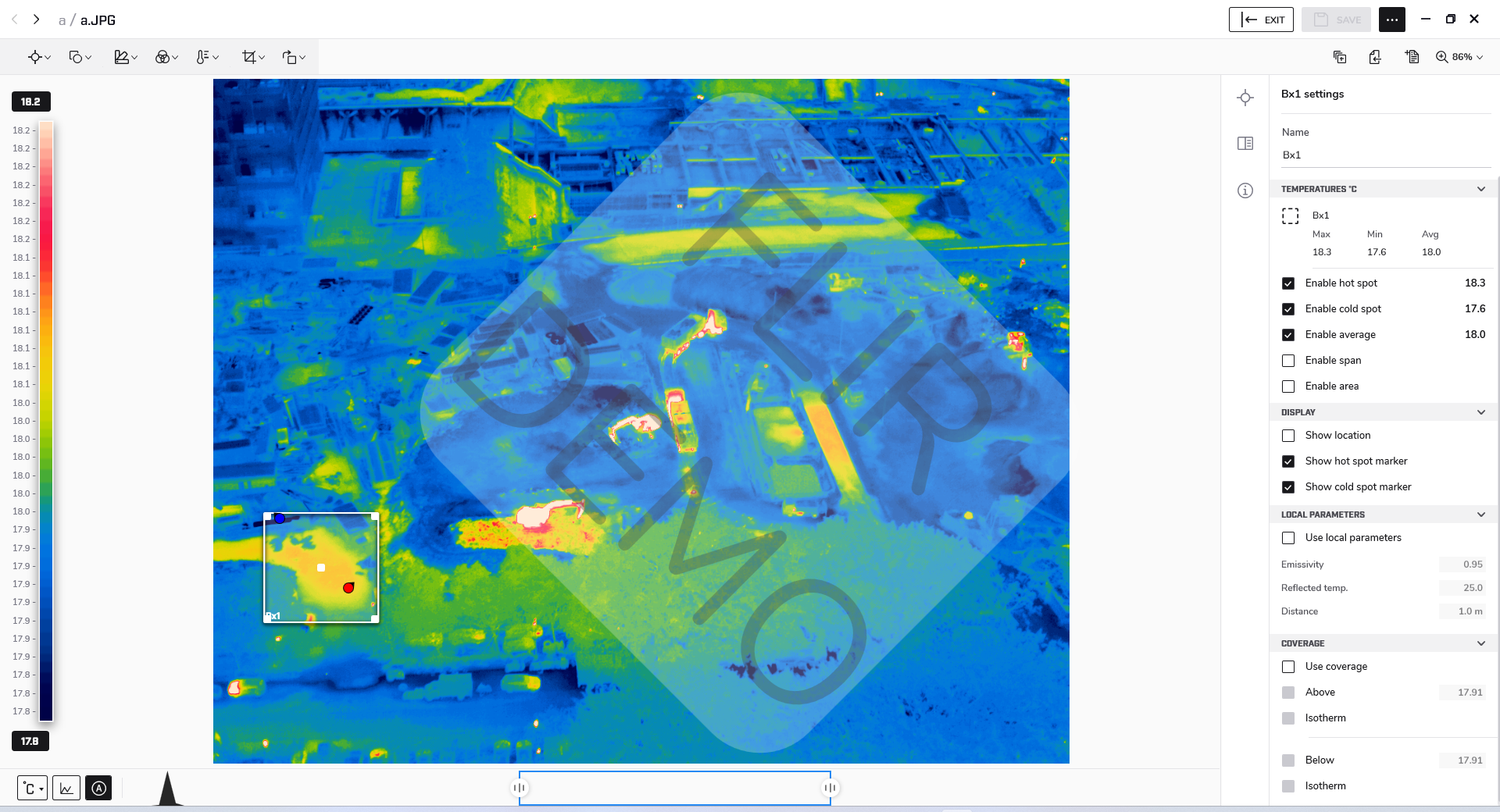 A converted R-JPEG opened in FLIR Thermal Studio, with a box measurement (Bx1) on the thermal image reporting max 18.3 / min 17.6 / avg 18.0 °C alongside emissivity, reflected temperature, and distance parameters.